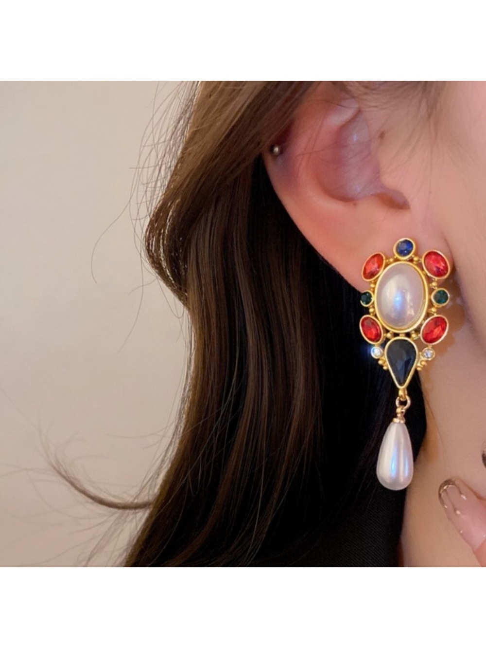 GoldMulti-stone Pearl Drop clip on Earrings A61
